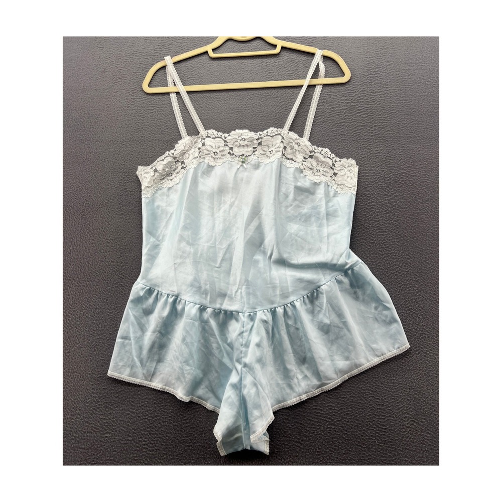 Vintage Miss Elaine Teddy Romper Lingerie Blue Satin Lace Trim USA Made Large